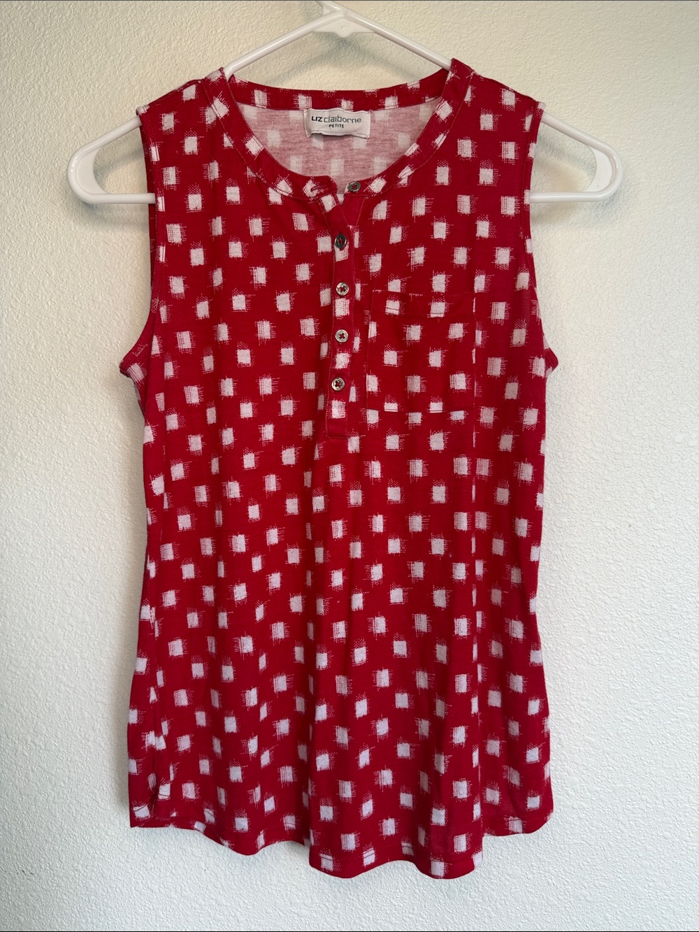 Liz Claiborne Petite Red Gingham Print Henley Tank Top PXS